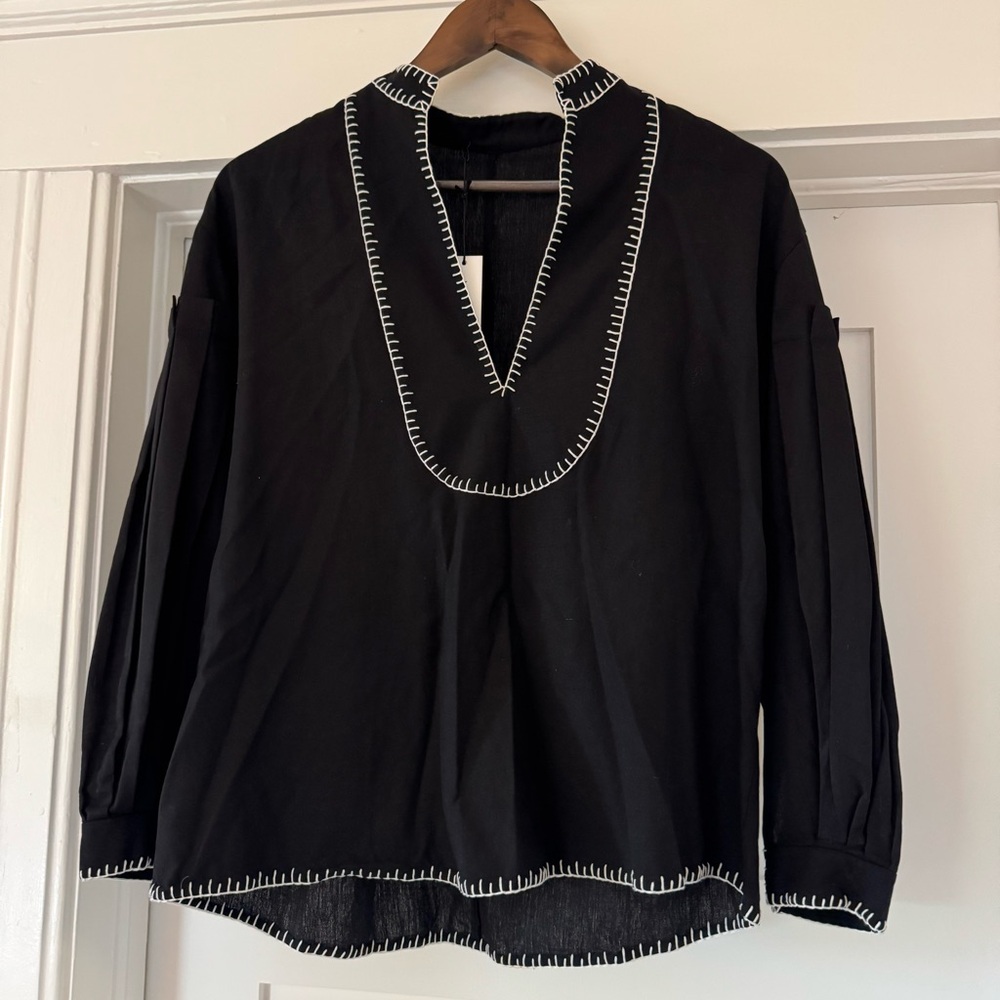 NWT Marysia Black Linen Embroidered Top